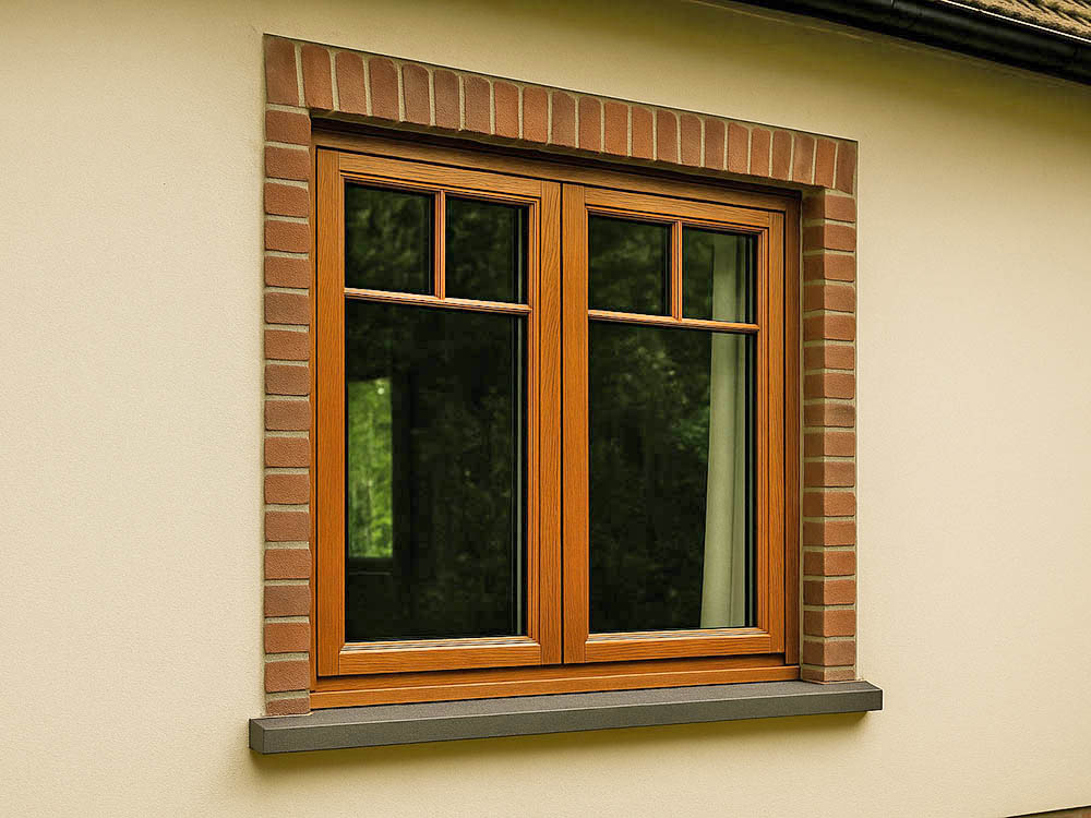 Holzfenster mit Sprossen – gefertigt und eingebaut von der Tischlerei Siebert in Melle Außenansicht eines modernen Holzfensters mit Sprossenrahmen in einer Fassade – präzise Tischlerarbeit