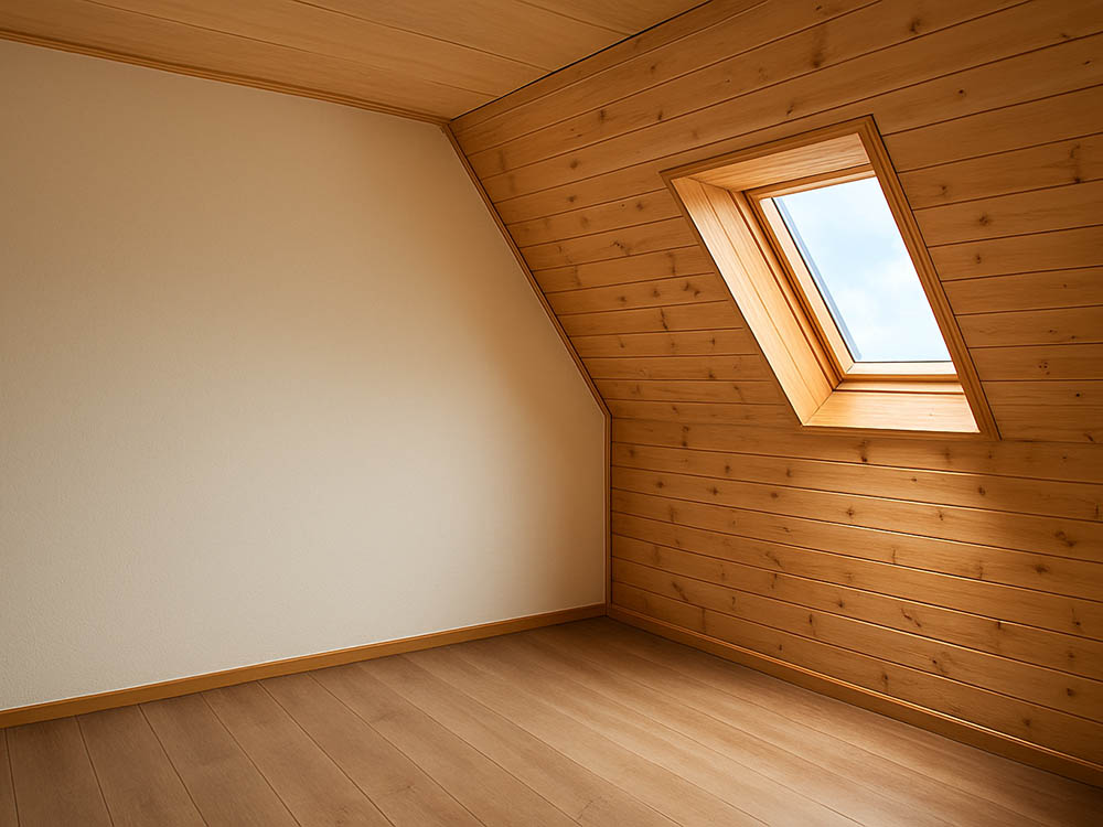 Innenausbau im Dachgeschoss – Holzverkleidung und Dachfenster von der Tischlerei Siebert Dachgeschoss mit Holzverkleidung an Wand und Decke sowie modernem Dachfenster – Innenausbau aus Holz